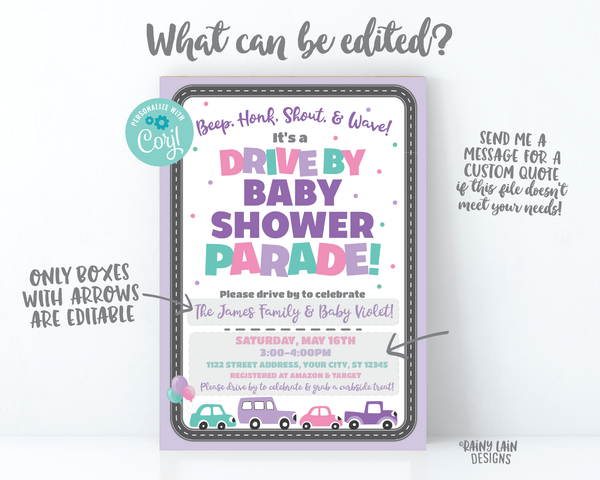 Drive By Baby Shower Invitation Purple Drive By Baby Shower Invite Girl Baby Shower Drive By Parade Social Distancing Baby Shower Car Parade
