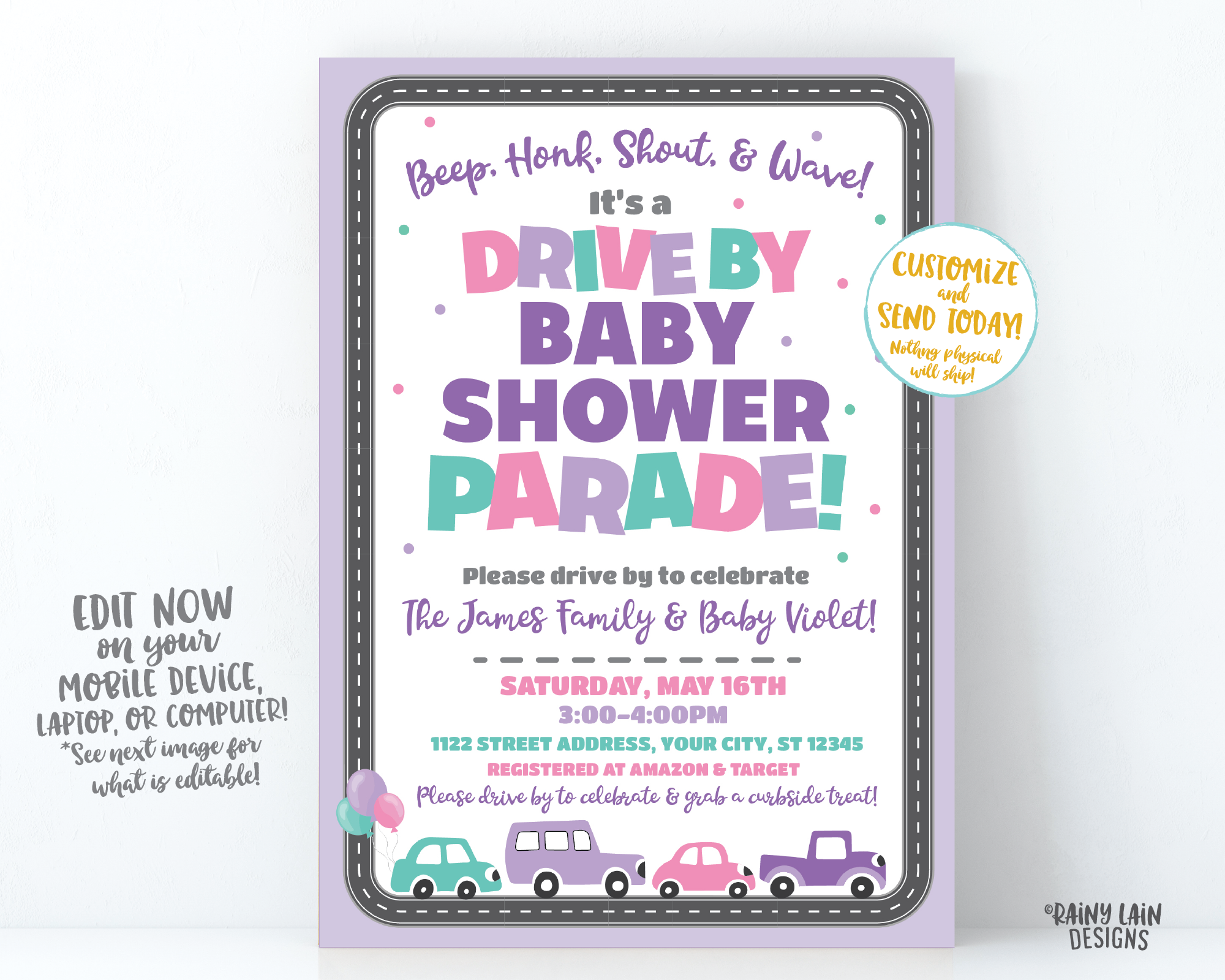 Drive By Baby Shower Invitation Purple Drive By Baby Shower Invite Girl Baby Shower Drive By Parade Social Distancing Baby Shower Car Parade