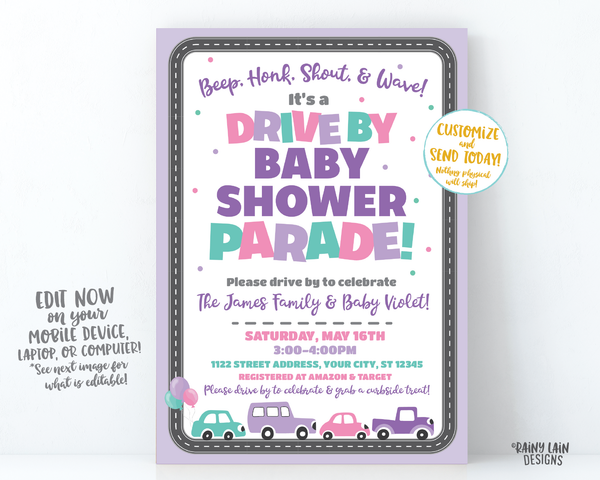 Drive By Baby Shower Invitation Purple Drive By Baby Shower Invite Girl Baby Shower Drive By Parade Social Distancing Baby Shower Car Parade