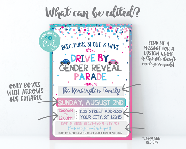 Gender Reveal Drive By Parade Invitation Gender Reveal Drive By Gender Reveal Invite Drive Through Gender Reveal Invite Social Distancing