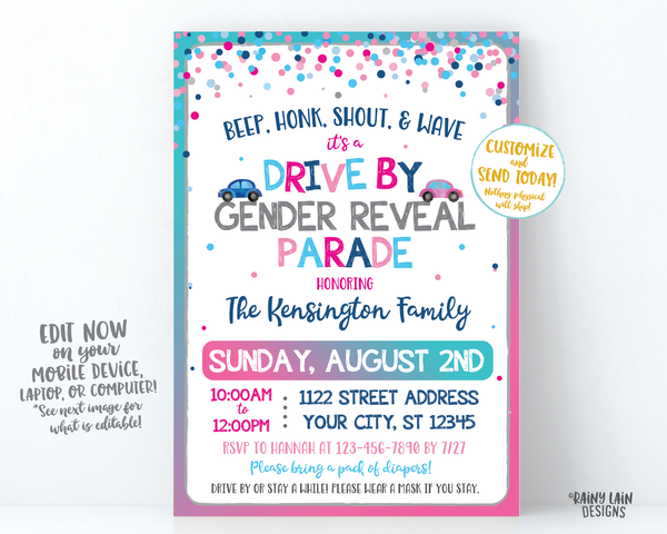Gender Reveal Drive By Parade Invitation Gender Reveal Drive By Gender Reveal Invite Drive Through Gender Reveal Invite Social Distancing