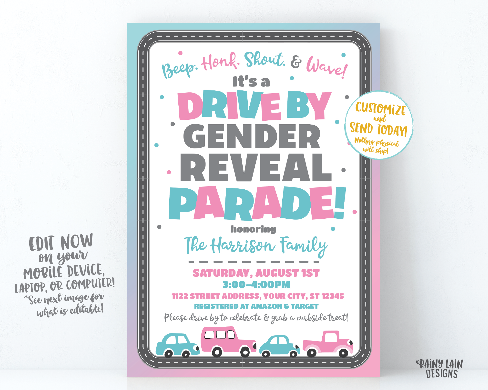 Drive By Gender Reveal Invitation Gender Reveal Drive By Invite Gender Reveal Drive By Parade Social Distancing Through Gender Reveal Invite