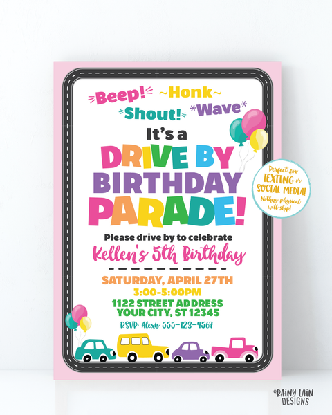 Drive By Birthday Parade Invitation, Drive By Parade Girl Drive By Party, Drive By Party Invite, Social Distancing Party, Stay at Home Party