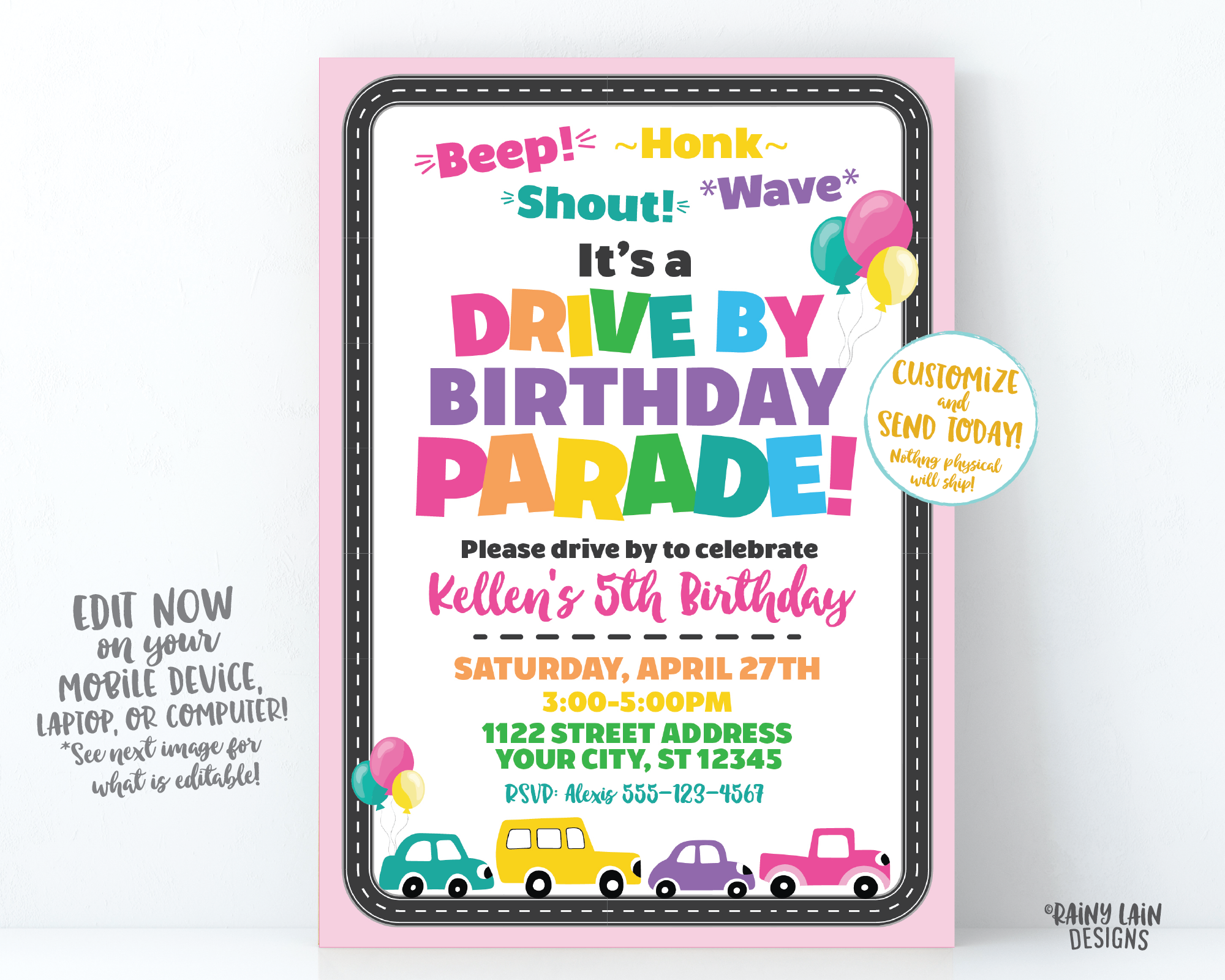 Drive By Birthday Parade Invitation, Drive By Parade Girl Drive By Party, Drive By Party Invite, Social Distancing Party, Stay at Home Party