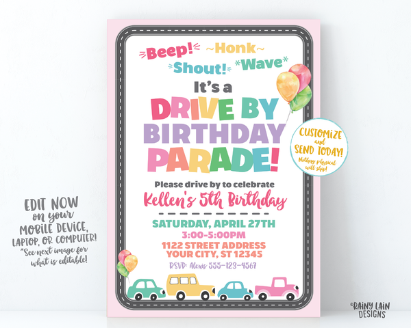 Drive By Birthday Parade Invitation, Drive By Party Invite, Social Distancing Party, Drive By Parade Girl Drive By Party Stay at Home Party