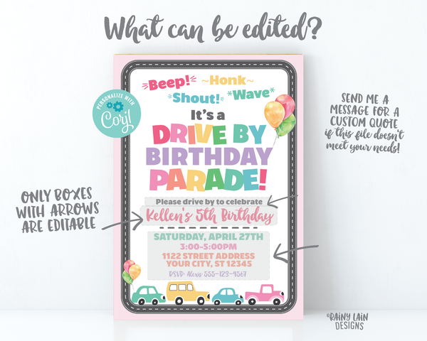 Drive By Birthday Parade Invitation, Drive By Party Invite, Social Distancing Party, Drive By Parade Girl Drive By Party Stay at Home Party