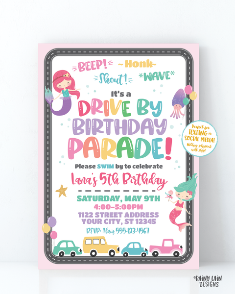 Mermaid Drive By Birthday Invitation Drive By Mermaid Birthday Invite, Drive By Parade Invite, Under the Sea, Social Distancing Stay at Home Party