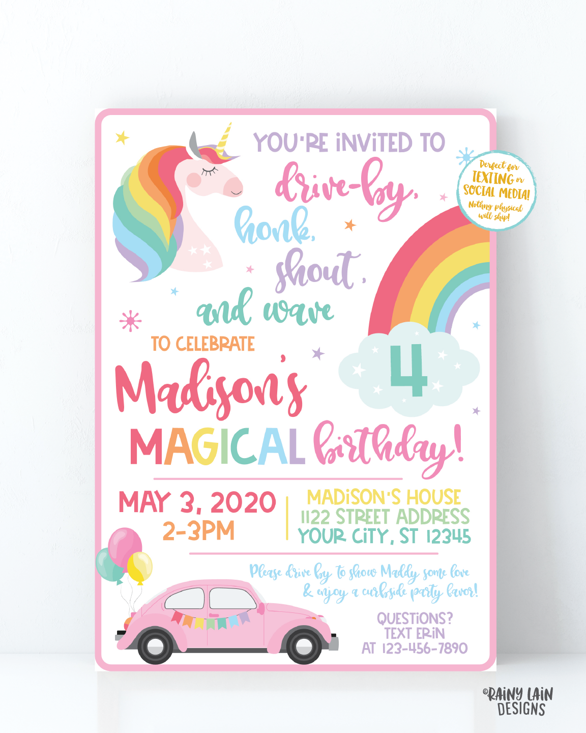 Unicorn Drive By Birthday Invitation Drive By Unicorn Birthday Invite, –  Rainy Lain Designs LLC, image size:1152x1440