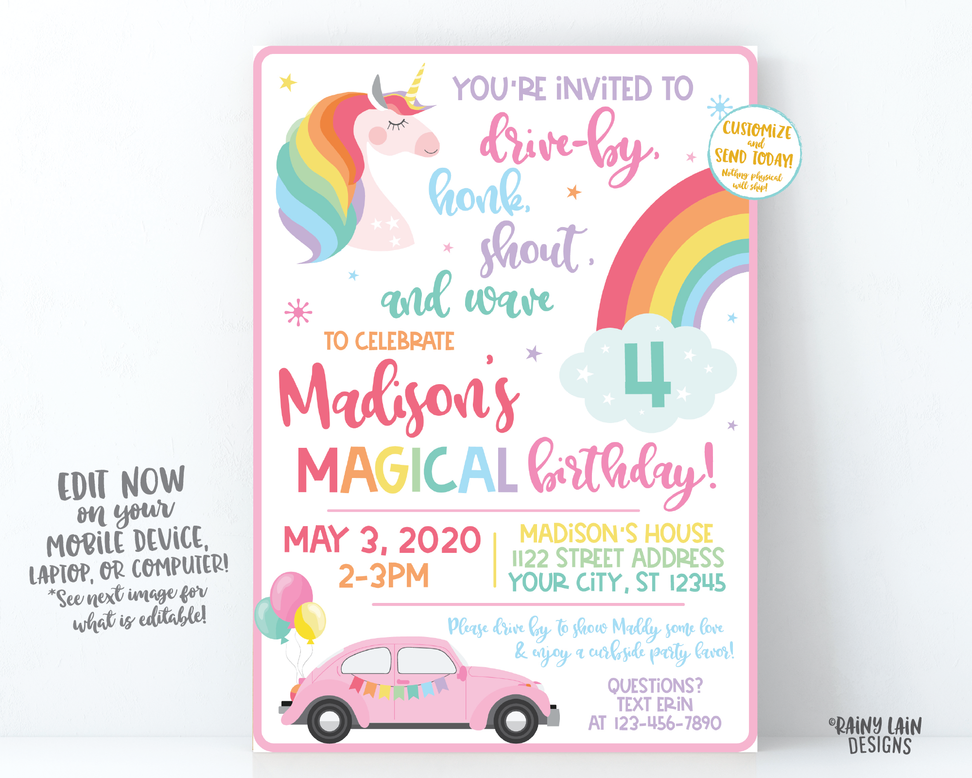 Unicorn Drive By Birthday Invitation Drive By Unicorn Birthday Invite, Drive By Parade Invite, Rainbow, Social Distancing Stay at Home Party