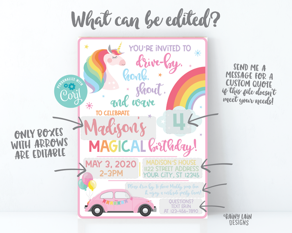 Unicorn Drive By Birthday Invitation Drive By Unicorn Birthday Invite, Drive By Parade Invite, Rainbow, Social Distancing Stay at Home Party