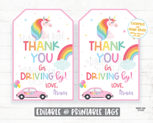 Unicorn Drive By Birthday Tag Drive By Unicorn Birthday Favor Tags, Drive By Parade Unicorn Tags, Rainbow, Thanks for Driving By Tags