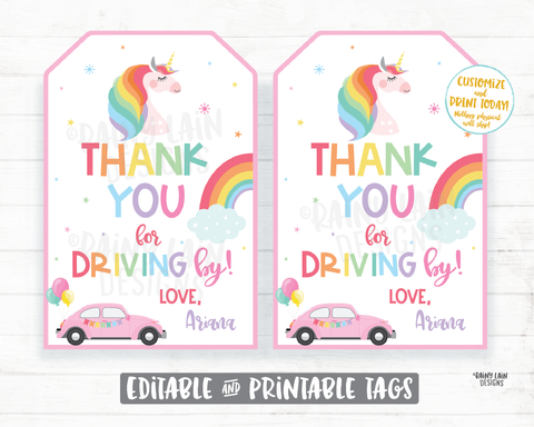 Unicorn Drive By Birthday Tag Drive By Unicorn Birthday Favor Tags, Drive By Parade Unicorn Tags, Rainbow, Thanks for Driving By Tags