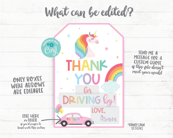 Unicorn Drive By Birthday Tag Drive By Unicorn Birthday Favor Tags, Drive By Parade Unicorn Tags, Rainbow, Thanks for Driving By Tags