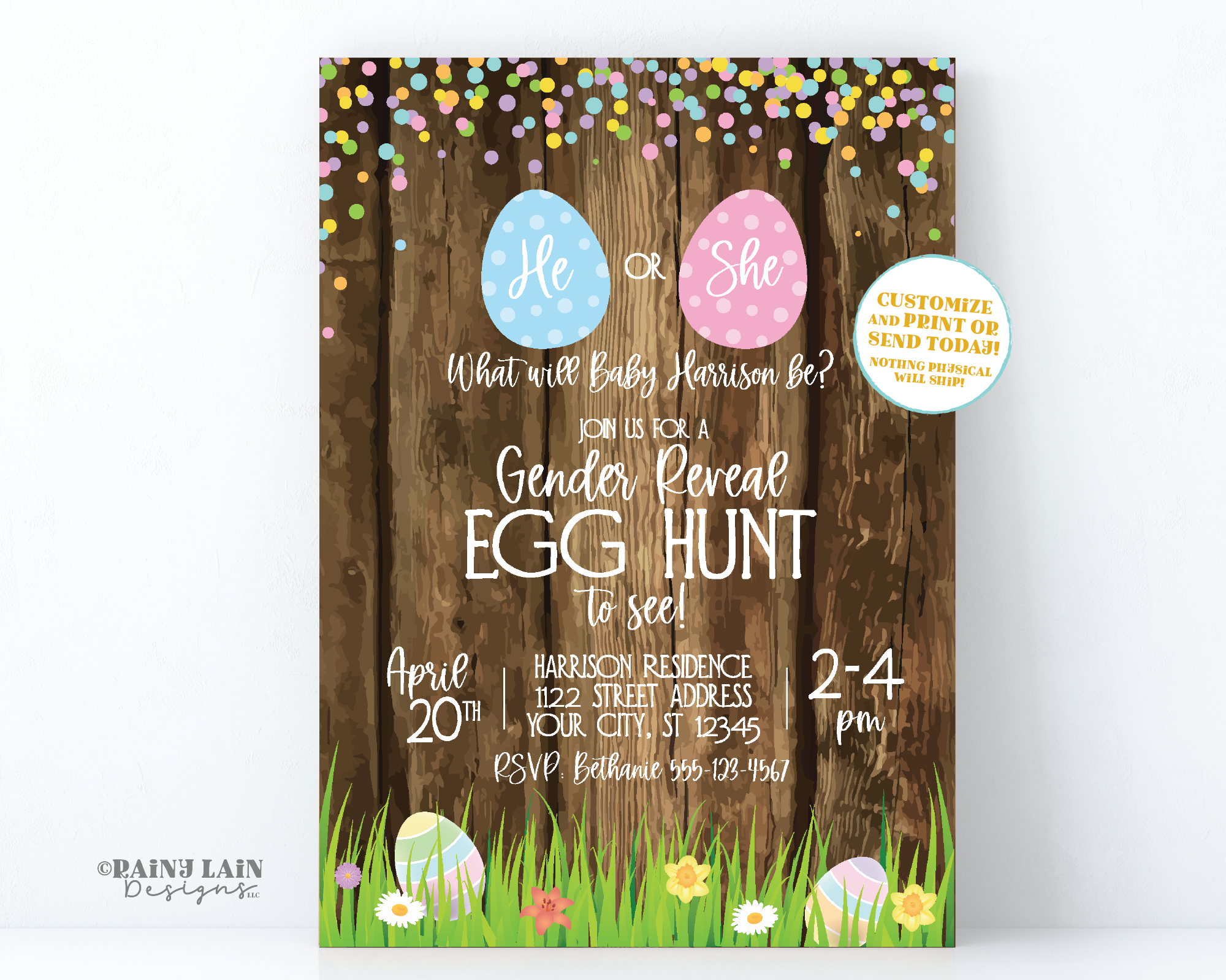 Easter Gender Reveal Invitation Gender Reveal Egg Hunt Invite He or She What will Baby Be Eggs Spring Gender Reveal Rustic Wood Grass