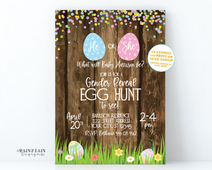 Easter Gender Reveal Invitation Gender Reveal Egg Hunt Invite He or She What will Baby Be Eggs Spring Gender Reveal Rustic Wood Grass