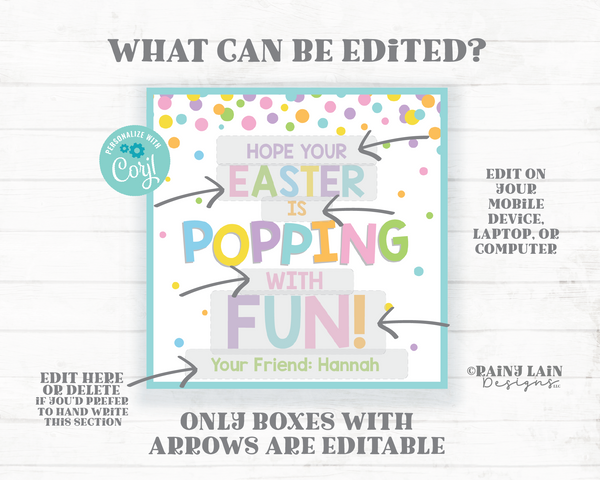 Easter Popping with Fun Tags Popcorn Easter Gift Spring Break Pop Fidget Toy Preschool Classroom Printable Kids From Teacher Favor Student