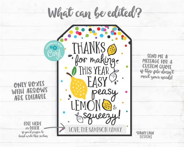 Thanks for making this year easy peasy lemon squeezy, End of School Year Teacher Gift Tags, End of School, Summer, Thank you, Printable Tags