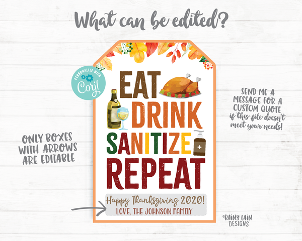Eat Drink Sanitize Repeat Gift Tag Thanksgiving Tags 2020 Employee Appreciation Staff Teacher Thank you Printable Thanksgiving Favor Hostess