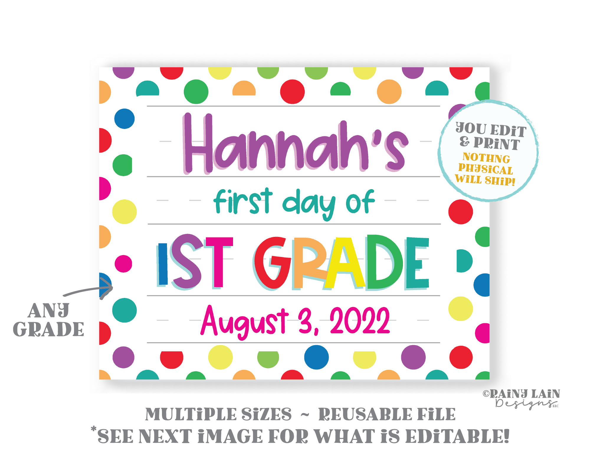 First Day of School Sign Editable Template 1st day Back to School Keepsake Photo Prop Polka Dots Preschool Pre-K Kindergarten Any Grade
