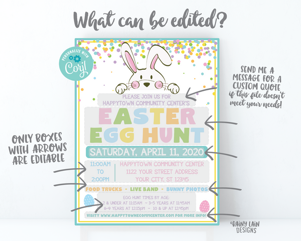 Easter Egg Hunt Flyer, Egg Hunt Invite Printable, Easter Egg Hunt Invitation, Outdoor Egg Hunt Flyer, Easter Bunny, Confetti, Spring