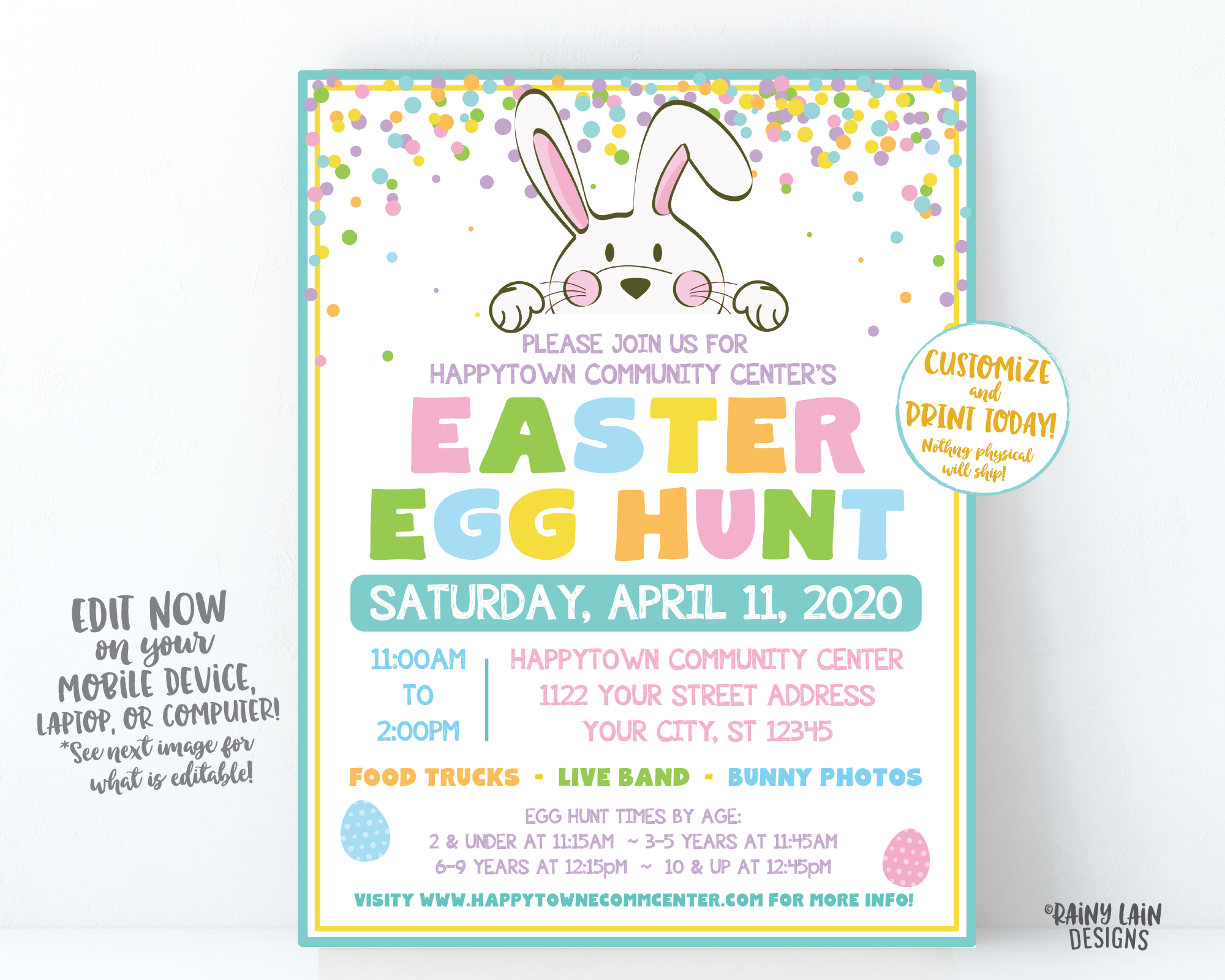 Easter Egg Hunt Flyer, Egg Hunt Invite Printable, Easter Egg Hunt Invitation, Outdoor Egg Hunt Flyer, Easter Bunny, Confetti, Spring