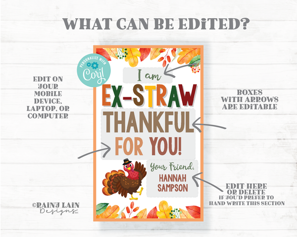 Ex-Straw Thankful For You Thanksgiving Straw Tag Straw Party Favor Silly Favor Tags Crazy Classroom Preschool Student Reusable Straw