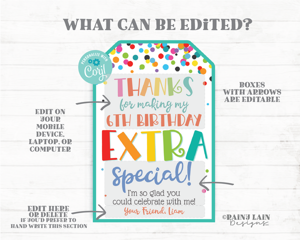 Thanks for Making My Birthday Extra Special Tag Birthday Party Favor Tag Gum Printable Kids Student Classroom Editable Tag