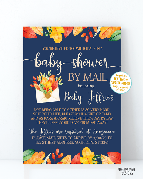 Fall Baby Shower By Mail Invitation, Autumn Baby Shower By Mail, Fall Leaves, Autumn Leaves, Navy Blue, Boy Baby Shower By Mail, Fall Boy