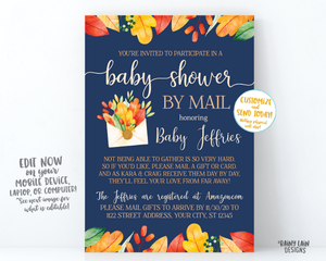 Fall Baby Shower By Mail Invitation, Autumn Baby Shower By Mail, Fall Leaves, Autumn Leaves, Navy Blue, Boy Baby Shower By Mail, Fall Boy