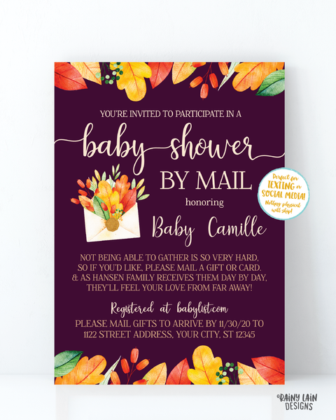 Fall Baby Shower By Mail Invitation, Autumn Baby Shower By Mail, Fall Leaves, Autumn Leaves, Plum, Purple Girl Baby Shower By Mail Fall Girl