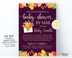 Fall Baby Shower By Mail Invitation, Autumn Baby Shower By Mail, Fall Leaves, Autumn Leaves, Plum, Purple Girl Baby Shower By Mail Fall Girl