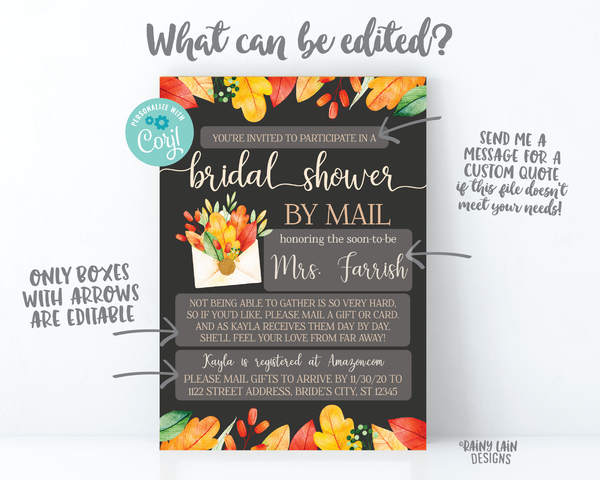 Fall Bridal Shower By Mail Invitation, Autumn Bridal Shower By Mail, Fall Leaves, Autumn Leaves, Chalkboard, Wedding Shower By Mail Fall