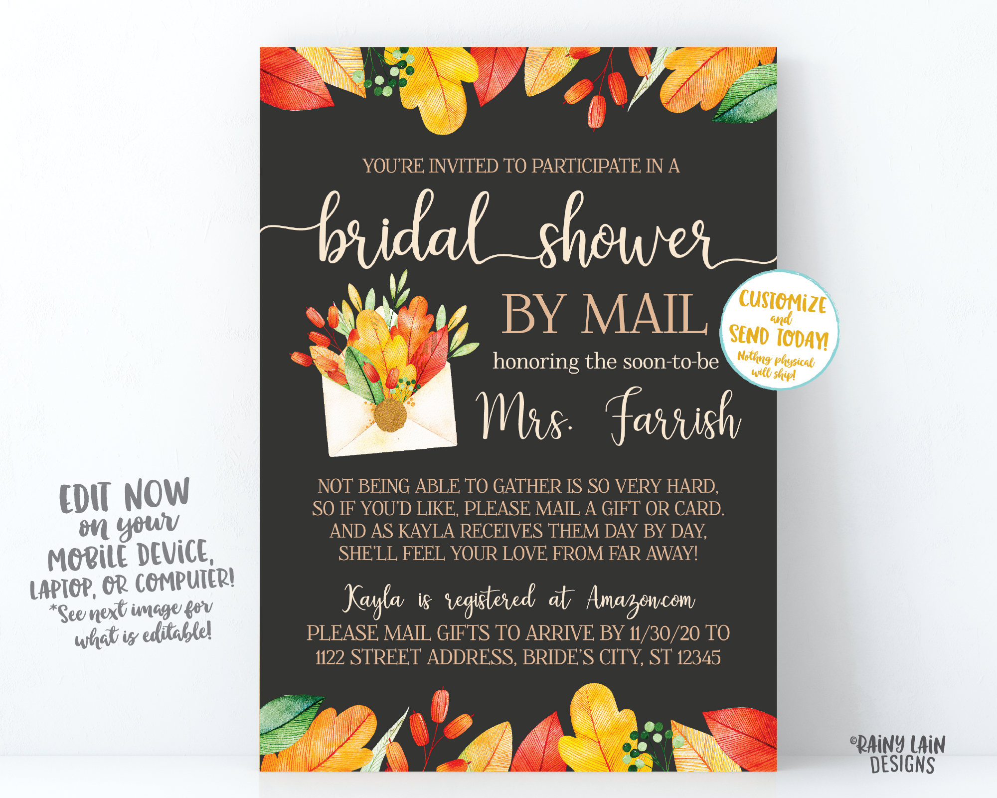 Fall Bridal Shower By Mail Invitation, Autumn Bridal Shower By Mail, Fall Leaves, Autumn Leaves, Chalkboard, Wedding Shower By Mail Fall
