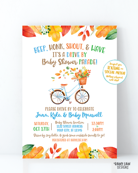 Fall Drive By Baby Shower Invitation Autumn Baby Shower Drive Through Fall Leaves Autumn Leaves Drive Through Boy Drive By Baby Shower Bike