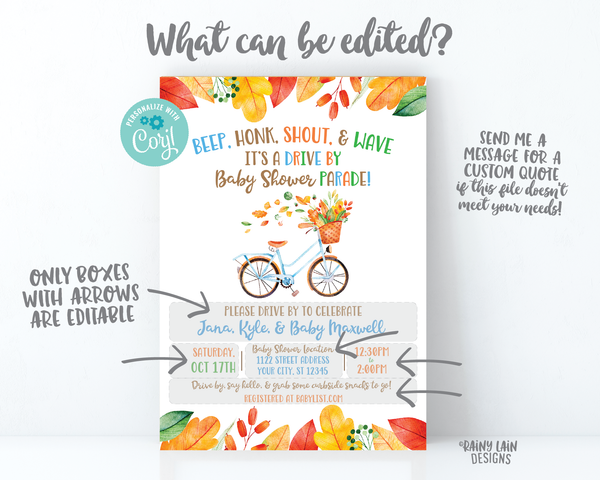 Fall Drive By Baby Shower Invitation Autumn Baby Shower Drive Through Fall Leaves Autumn Leaves Drive Through Boy Drive By Baby Shower Bike