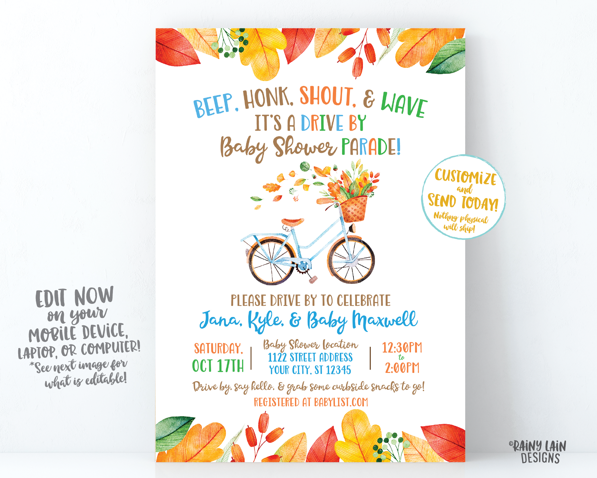 Fall Drive By Baby Shower Invitation Autumn Baby Shower Drive Through Fall Leaves Autumn Leaves Drive Through Boy Drive By Baby Shower Bike