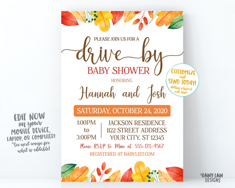 Fall Drive By Baby Shower Invitation, Autumn Baby Shower Drive Through Fall Leaves Autumn Leaves Drive Through Gender Neutral Shower Fall
