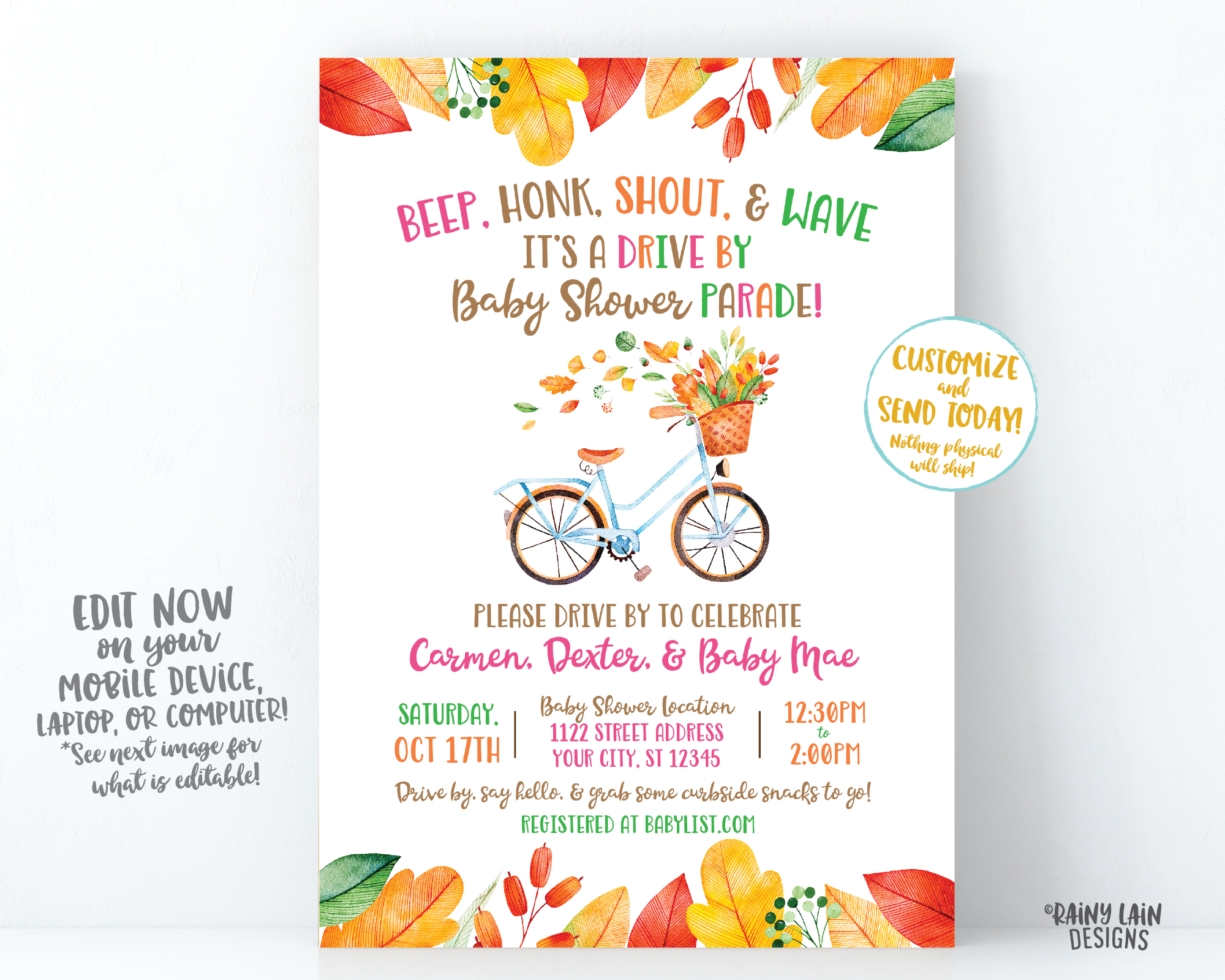 Fall Drive By Baby Shower Invitation Autumn Baby Shower Drive Through Fall Leaves Autumn Leaves Drive Through Girl Drive By Baby Shower Bike
