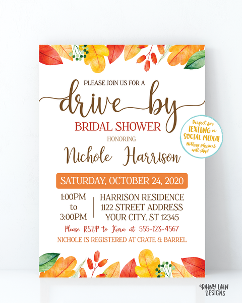 Fall Drive By Bridal Shower Invitation, Autumn Bridal Shower Drive Through Fall Leaves Autumn Leaves Drive Through Wedding Shower Fall