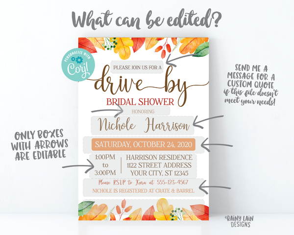 Fall Drive By Bridal Shower Invitation, Autumn Bridal Shower Drive Through Fall Leaves Autumn Leaves Drive Through Wedding Shower Fall