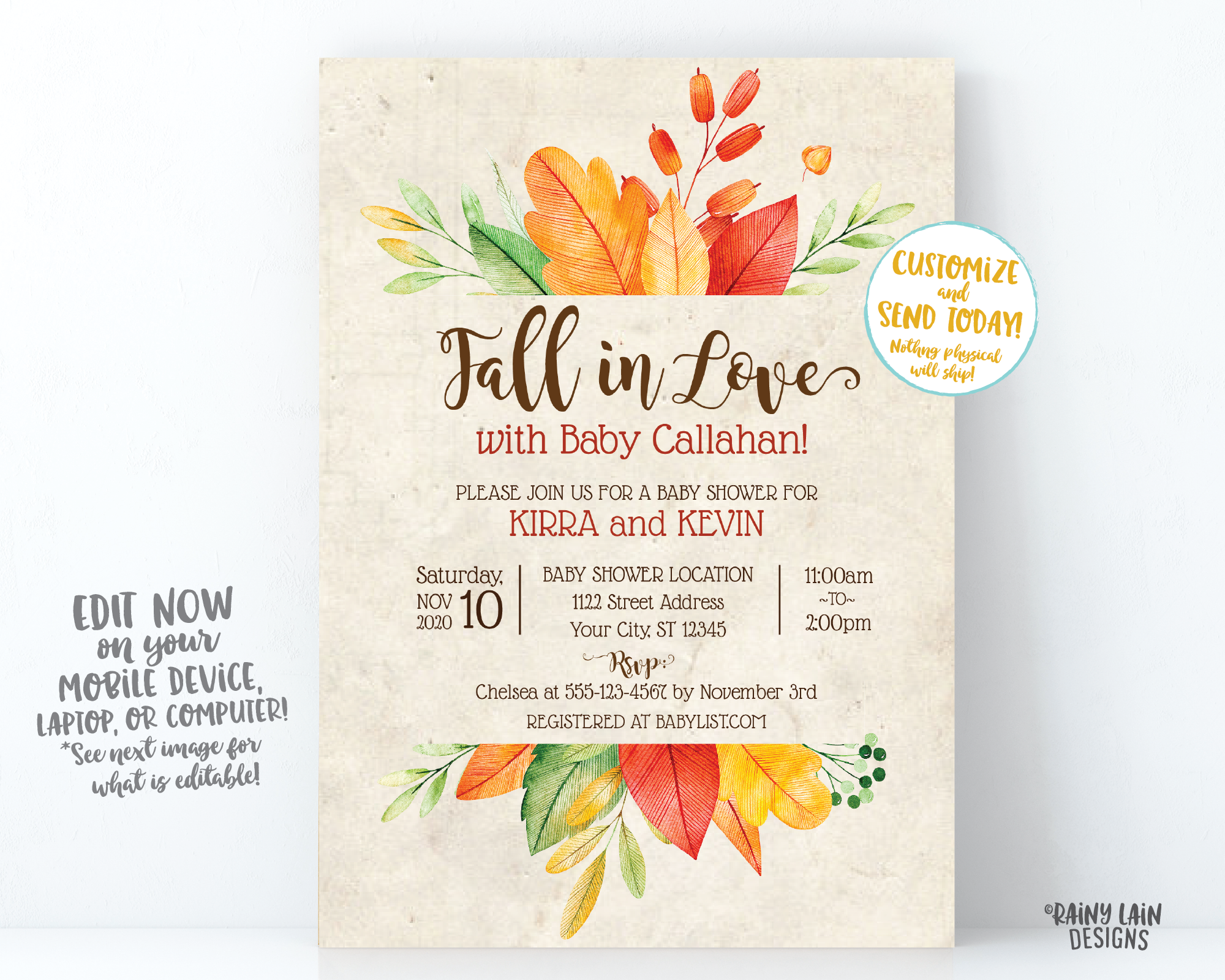 Fall In Love Baby Shower Invitation, Fall Baby Shower Invite, Fall Leaves Invitation, Fall In Love Invitation, Rustic Fall Invite Autumn