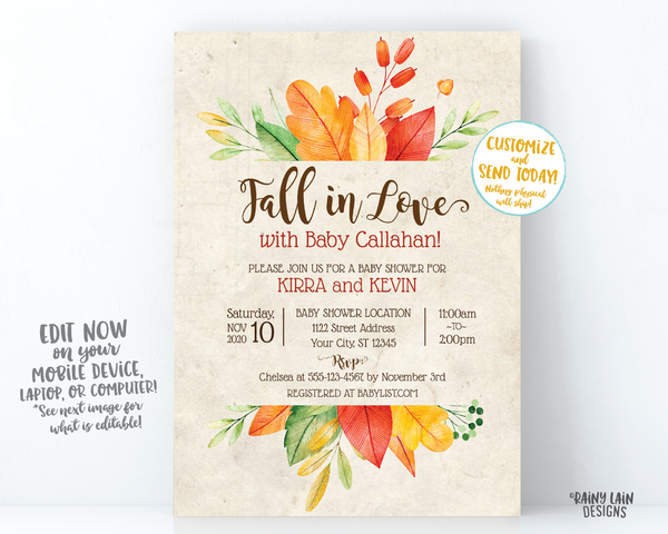 Fall In Love Baby Shower Invitation, Fall Baby Shower Invite, Fall Leaves Invitation, Fall In Love Invitation, Rustic Fall Invite Autumn
