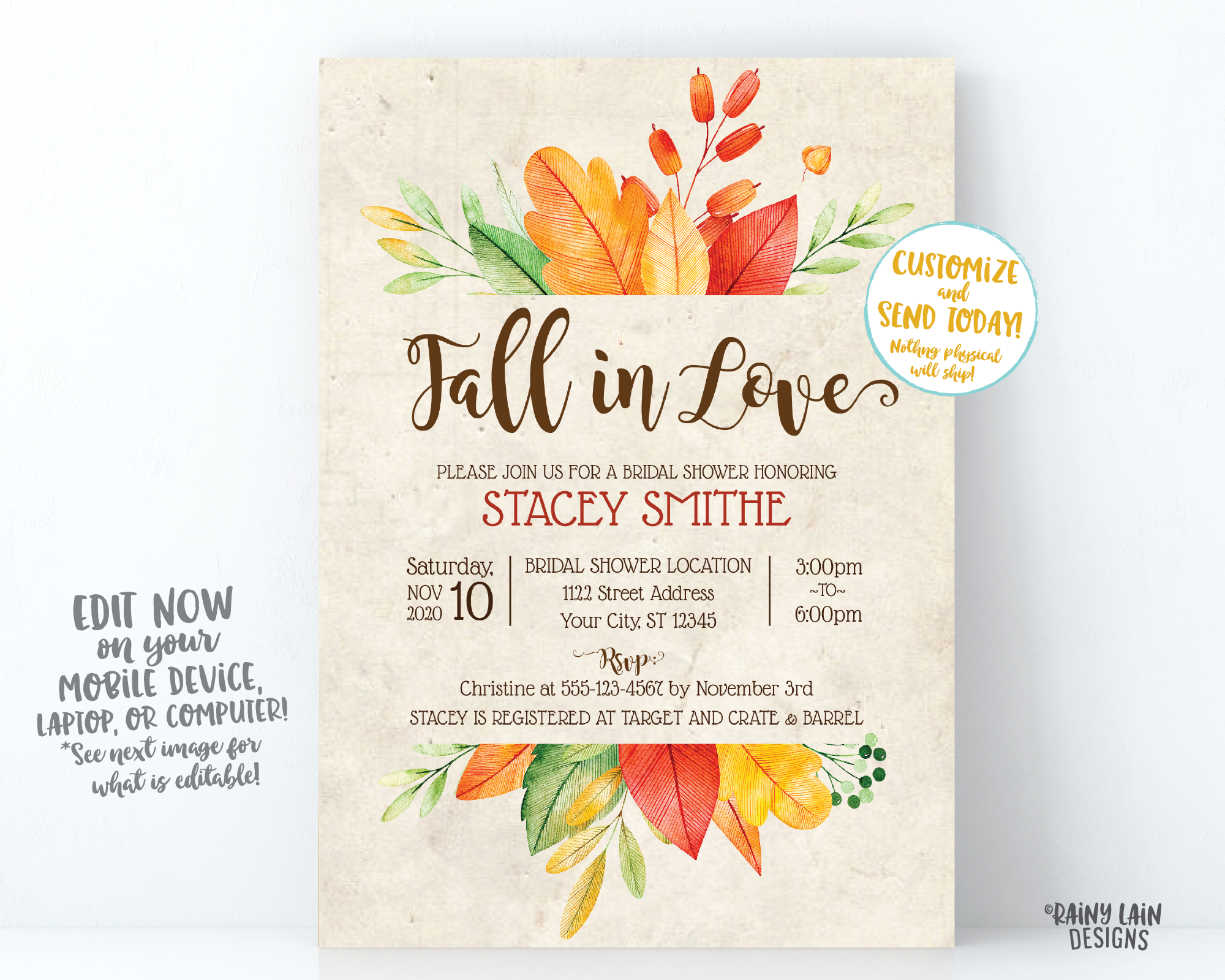 Fall In Love Bridal Shower Invitation, Fall Bridal Shower Invite, Fall Leaves Invitation, Fall In Love Invitation, Rustic Fall Invite Autumn