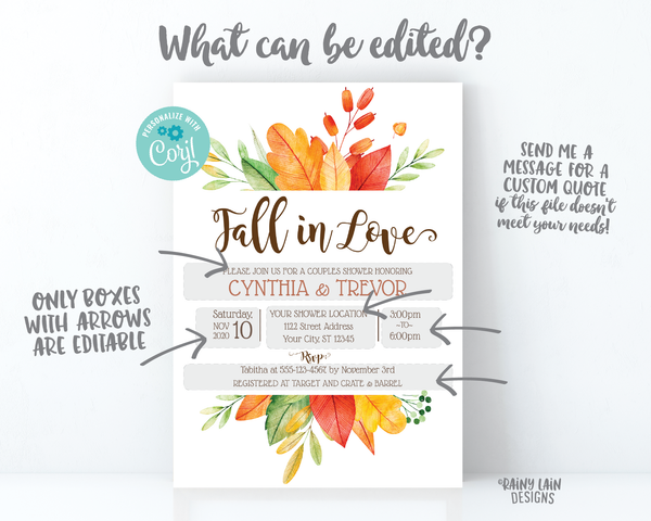 Fall In Love Couples Shower Invitation, Fall Couples Shower Invite, Fall Leaves Invitation, Fall In Love Invitation, Rustic Autumn Invite