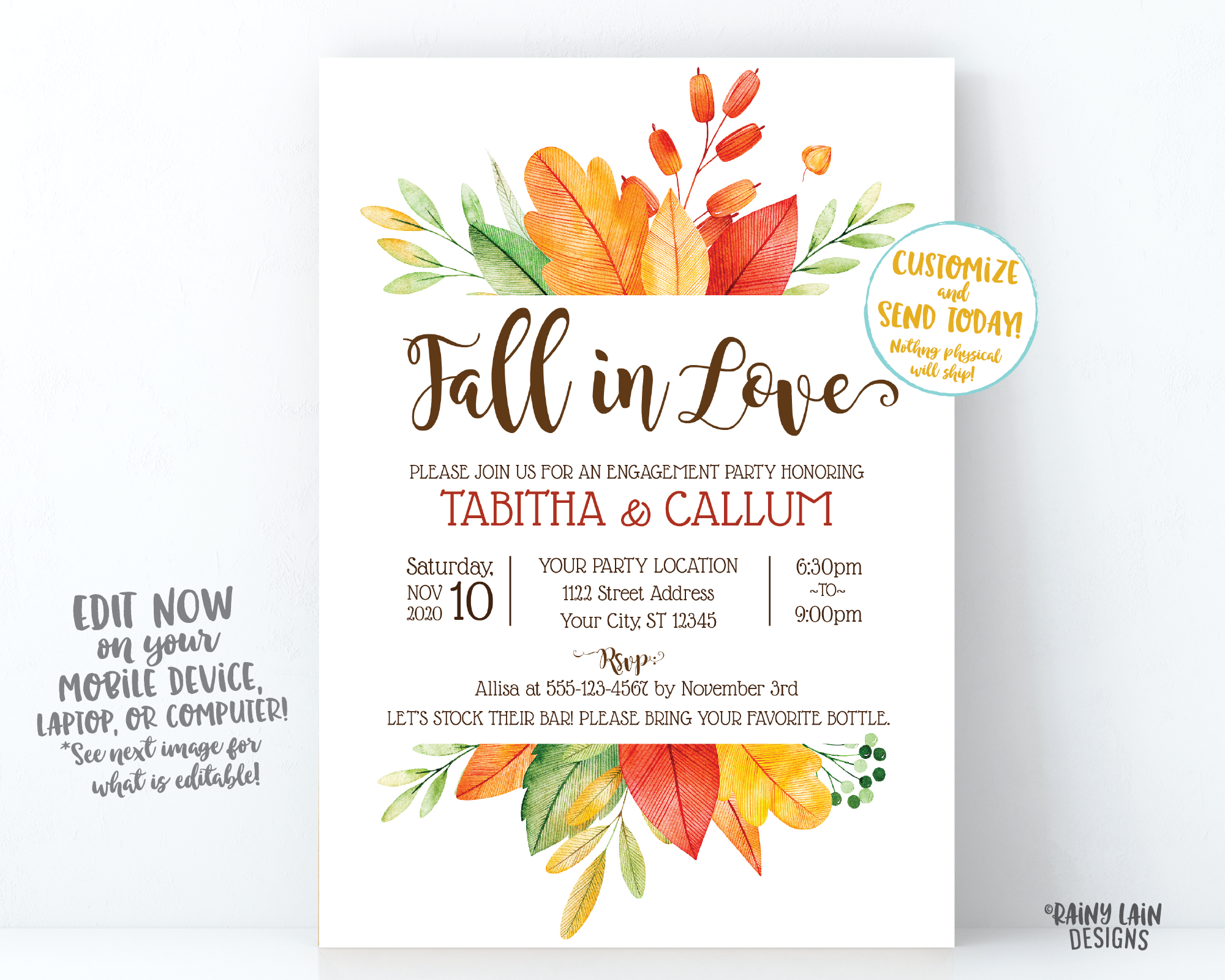 Fall In Love Engagement Party Invitation, Fall Engagement Party Invite, Fall Leaves Invitation, Fall In Love Invitation Rustic Autumn Invite