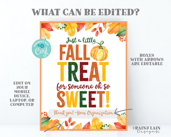 Fall Treat Sign Fall Thank you Fall Appreciation Gift Card Thanksgiving Treat Sign Employee Company Autumn Staff Teacher Thank you Sign