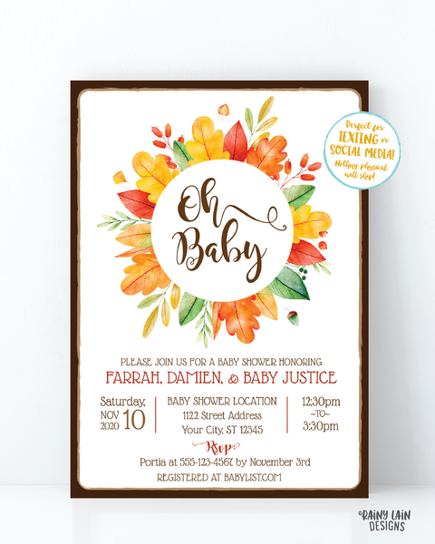Fall Baby Shower Invitation, Fall Leaves, Fall Wreath, Gender Neutral, Fall Boy Baby Shower, Girl Fall Baby Shower, Oh Baby, Rustic, Autumn