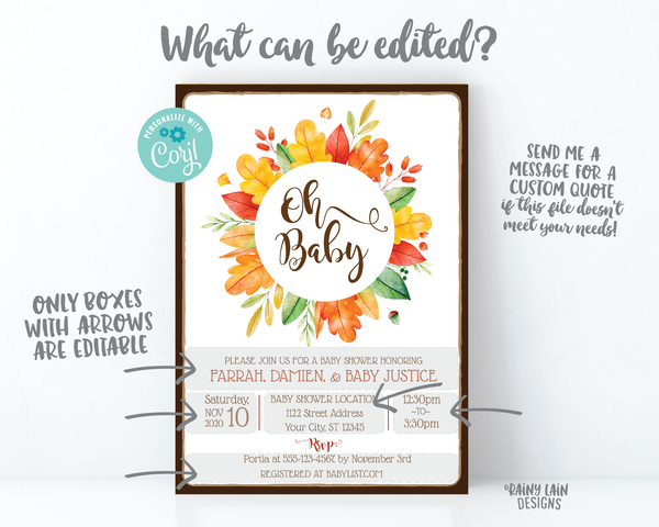 Fall Baby Shower Invitation, Fall Leaves, Fall Wreath, Gender Neutral, Fall Boy Baby Shower, Girl Fall Baby Shower, Oh Baby, Rustic, Autumn