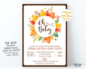 Fall Baby Shower Invitation, Fall Leaves, Fall Wreath, Gender Neutral, Fall Boy Baby Shower, Girl Fall Baby Shower, Oh Baby, Rustic, Autumn