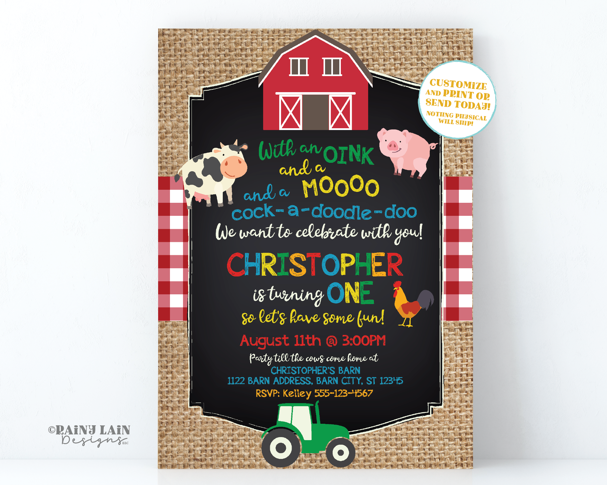 Farm Birthday Party Invitation Barnyard Animals Barn Burlap Red Gingham Plaid Green Tractor Pig Cow Rooster Oink Moo Cock-a-doodle-doo